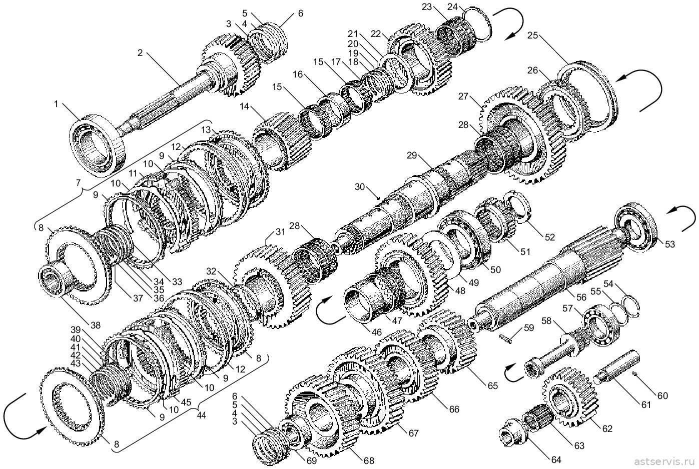 Рисунок 66 – Валы и шестерни коробок передач ЯМ3-239, ЯМ3-2391