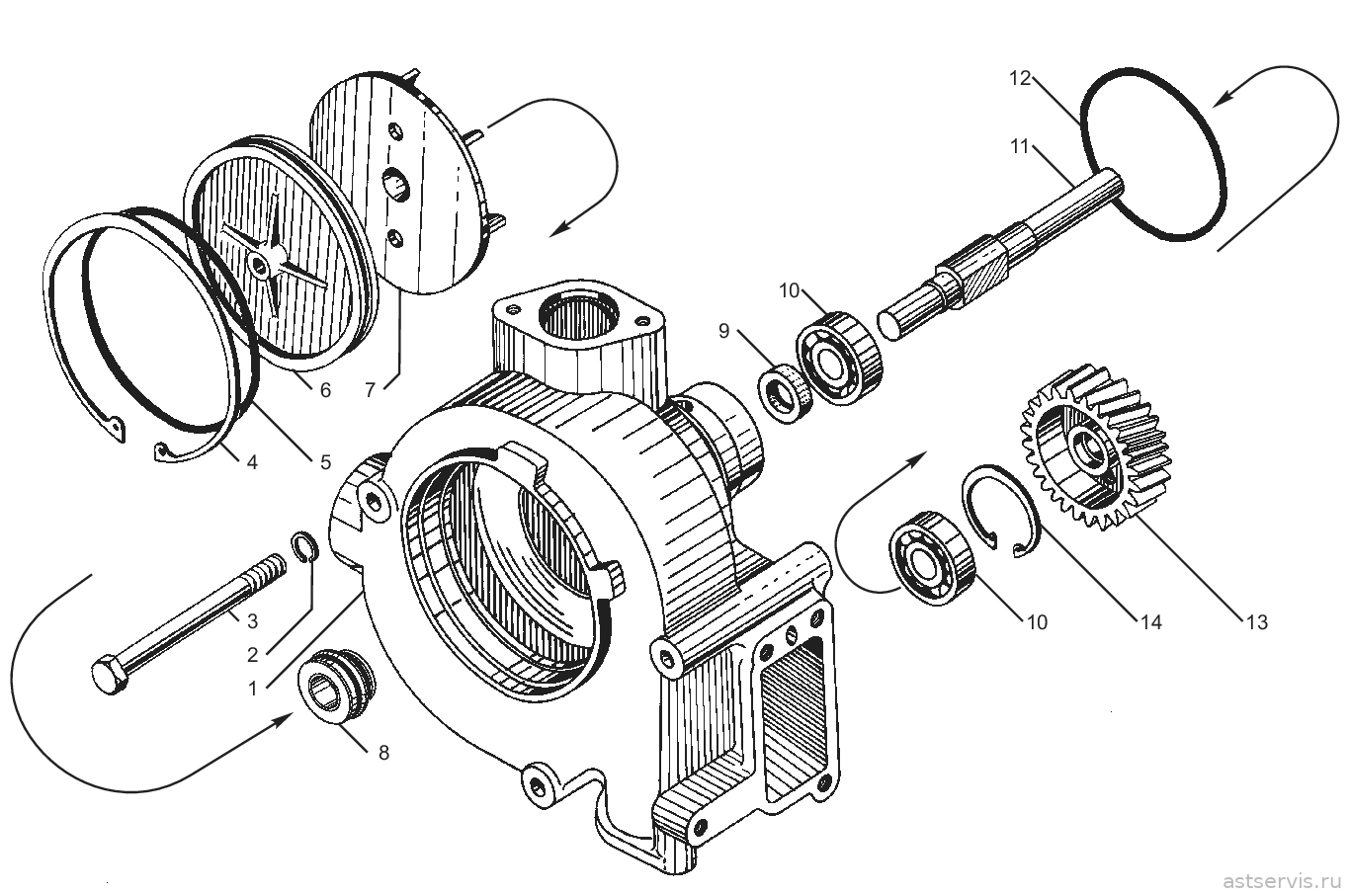 Рисунок 48 – Насос водяной двигателей ЯМ3-850.10, ЯМ3-8501.10, ЯМ3-8502.10, ЯМ3-8502.10-08, ЯМ3-8503.10